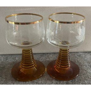 2 Vintage Beehive Amber Etched, Gold Rimmed Goblet Style glasses.  #740